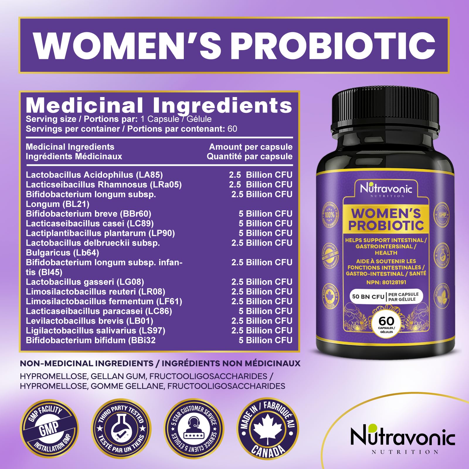 Probiotics for Women - 50 Billion CFUs Per Delayed Release Capsule. 15 Diverse Strains, including strains Limosilactobacillus Reuteri (lactobacillus reuteri) & lactobacillus gasseri. Support Gut Health, Bloating Relief & Digestion - 2 Month Supply. Nutrav - Available at All In One Marketplace Canada
