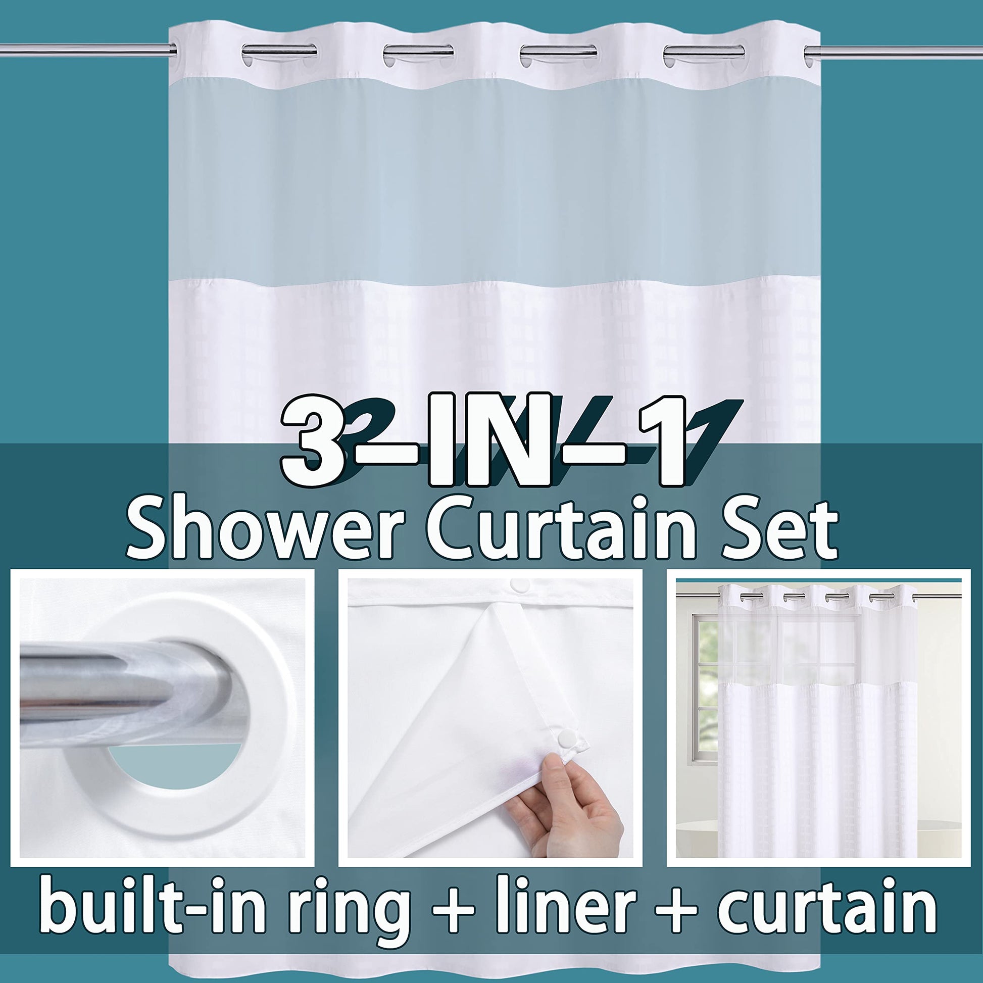 Conbo Mio Hotel Style Fabric Shower Curtain with Snap in Liner for Bathroom Machine Washable Waterproof Repellent Shower Curtain (Check-White, 71" W x 74" H) - Available at All In One Marketplace Canada