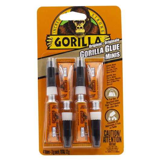 Gorilla Glue Original Minis Four Pack, 100% Waterproof, Indoor & Outdoor, Polyurethane Glue, Versatile Bonding Adhesive, Easy Application Nozzle, 4 - 3g Tubes (Pack of 1)