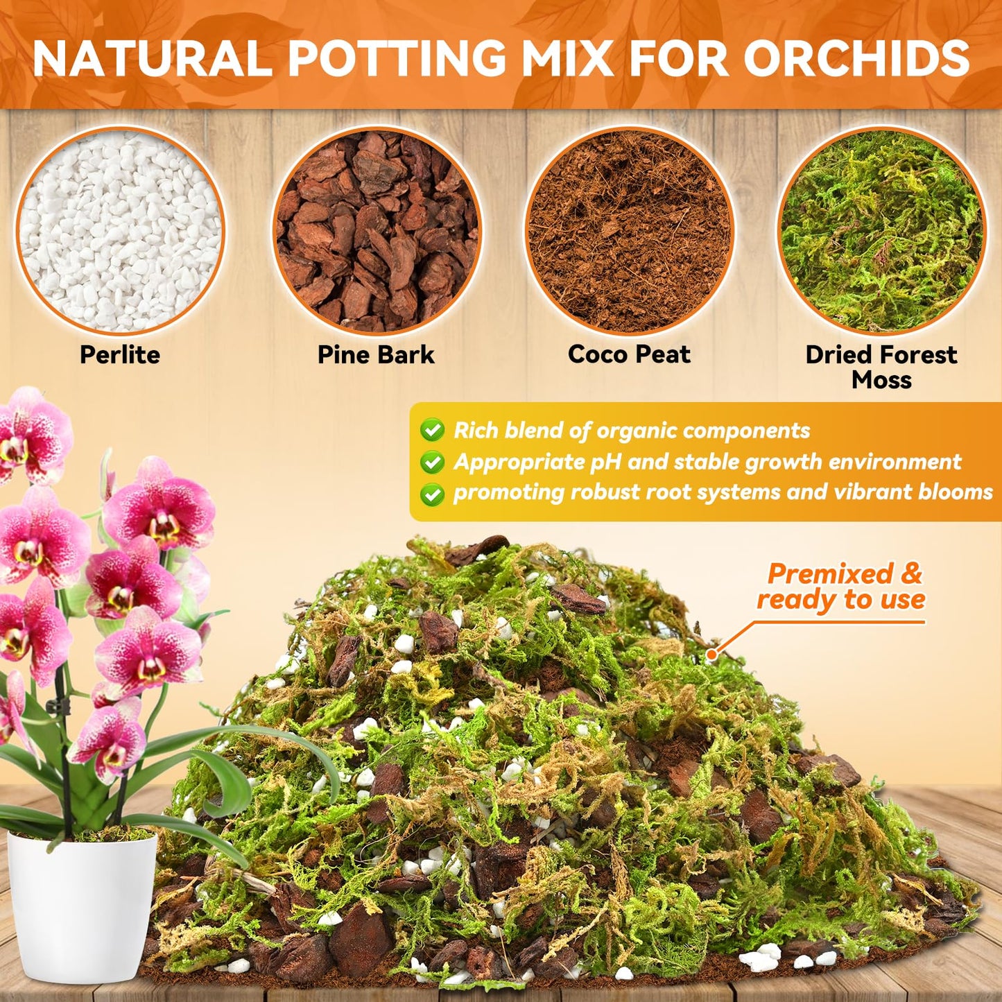 Riare 2L Orchid Potting Mix for Repotting- Orchids Repotting Kit Include Moss, Pine Bark, Perlite, Coco Peat- Premium Orchid Soil Medium for Indoor Potted Plants Root Ventilation & Expanding - Available at All In One Marketplace Canada