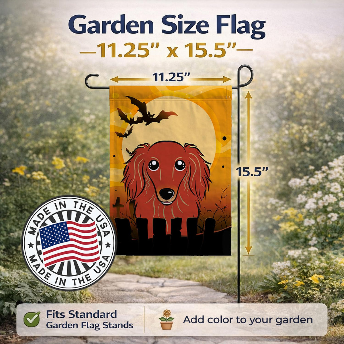Caroline's Treasures BB1772GF Halloween Longhair Red Dachshund Garden Size Flag, Small, Multicolor