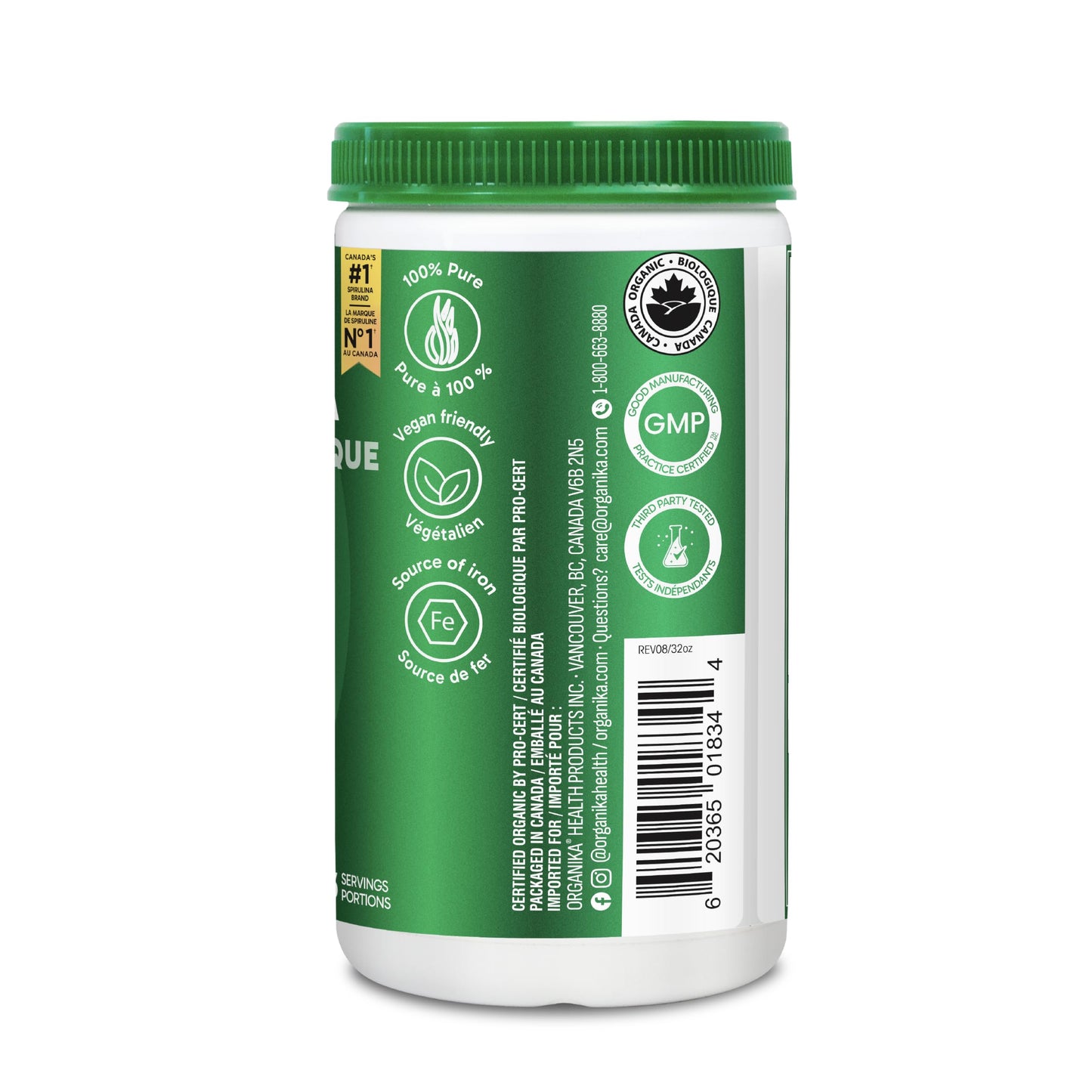 Organika Canadian-Made Certified Organic Spirulina Powder- Superfood, 3rd Party Tested, Pristine Sourcing, Vegan- 500g - Available at All In One Marketplace Canada