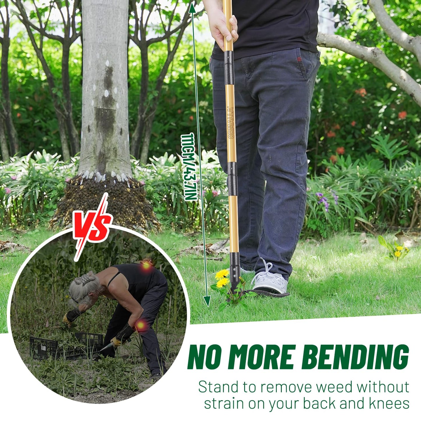 ORMALLA Weed Puller, 43.7in Long Handle Weed Remover, Dandelion Removal Tool, Natural Bamboo Handle and 4 Claws, Stand Up Garden Weed Root Remover, Pet Friendly (43.7in) - Available at All In One Marketplace Canada