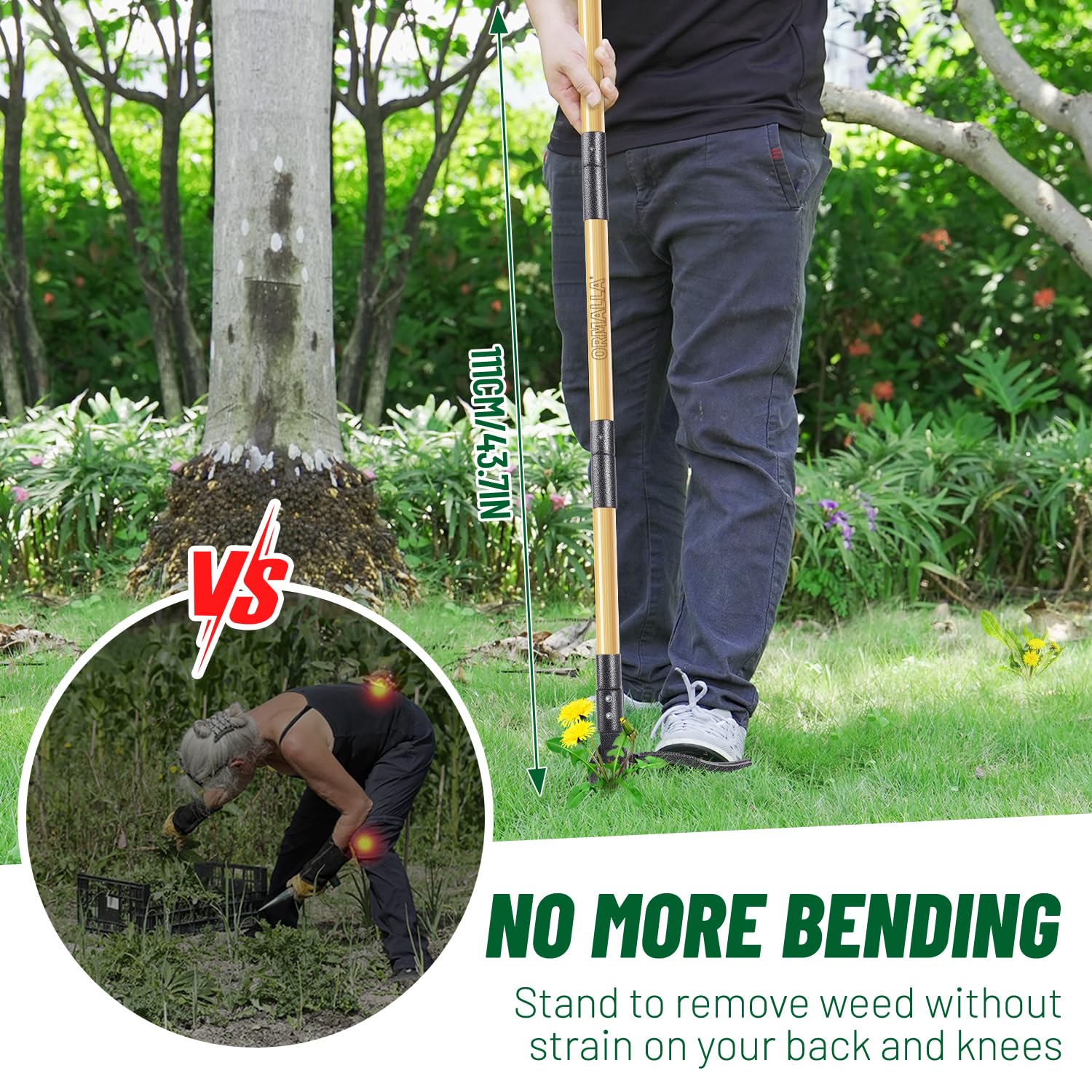 ORMALLA Weed Puller, 43.7in Long Handle Weed Remover, Dandelion Removal Tool, Natural Bamboo Handle and 4 Claws, Stand Up Garden Weed Root Remover, Pet Friendly (43.7in) - Available at All In One Marketplace Canada
