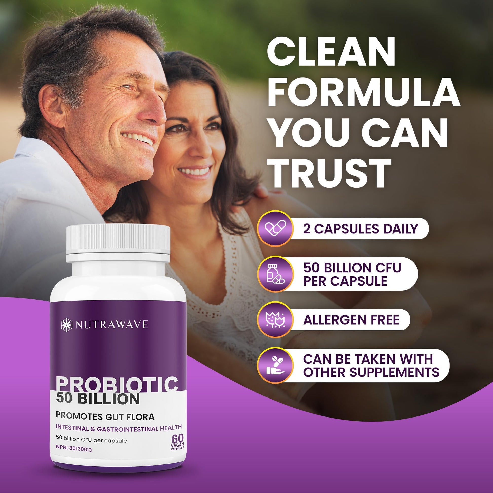 Nutrawave 50 BILLION Probiotics Women & Men, 15 Strains Active Culture. Relieves Bloating and Constipation, Improved Digestion and Gut Health Supplement, Non-GMO, Vegan, Gluten Free. 60 Vegan Capsules/ 60 Day Supply - Available at All In One Marketplace Canada