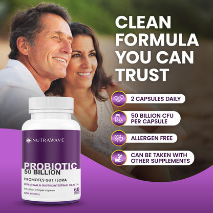 Nutrawave 50 BILLION Probiotics Women & Men, 15 Strains Active Culture. Relieves Bloating and Constipation, Improved Digestion and Gut Health Supplement, Non-GMO, Vegan, Gluten Free. 60 Vegan Capsules/ 60 Day Supply - Available at All In One Marketplace Canada