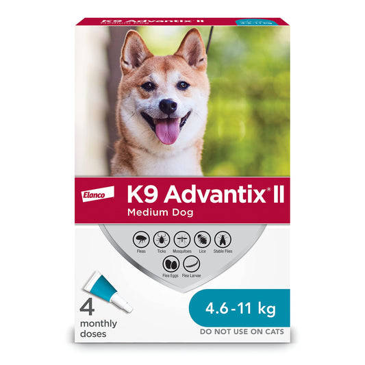 K9 Advantix II Flea and Tick Treatment for Medium Dogs weighing 4.6 kg to 11 kg (10 lbs. to 24 lbs.)-4 doses