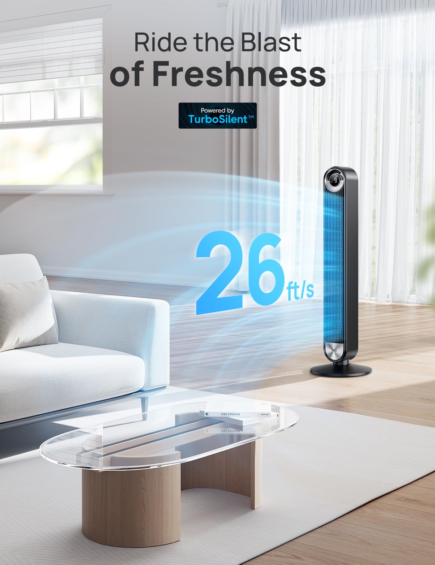 DREO Smart Tower Fan for Bedroom, Upgraded DC 9 Speeds 20dB Ultra-Quiet Floor Fan, 90° Oscillating Fans with 28ft/s Velocity, 12H Timer, Standing Fan, Bladeless Fan Powerful for Home Office Room - Available at All In One Marketplace Canada