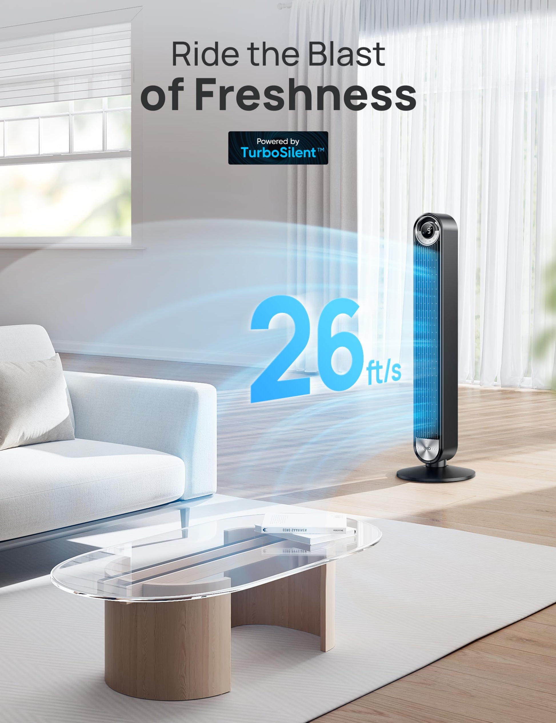 DREO Smart Tower Fan for Bedroom, Upgraded DC 9 Speeds 20dB Ultra-Quiet Floor Fan, 90° Oscillating Fans with 28ft/s Velocity, 12H Timer, Standing Fan, Bladeless Fan Powerful for Home Office Room - Available at All In One Marketplace Canada