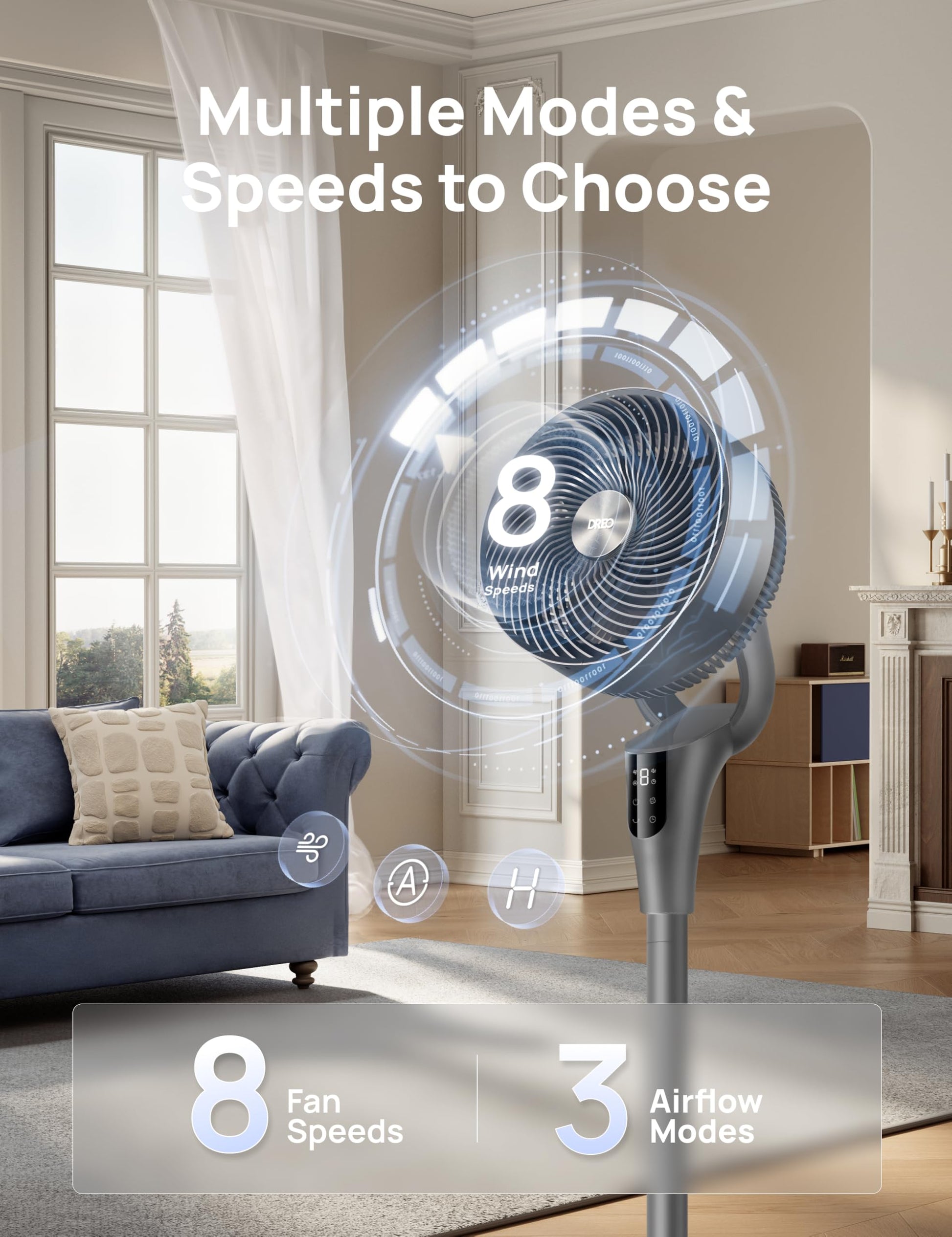 DREO Fan for Bedroom, 90° Oscillating Standing Fan, 20dB Quiet, 90ft Pedestal Fans for Room Office, DC Motor, 8+H Speeds, 3 Modes, 38-42'' Adjustable Height, Remote, 8H Timer, 105° Manual Vertical