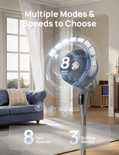 DREO Fan for Bedroom, 90° Oscillating Standing Fan, 20dB Quiet, 90ft Pedestal Fans for Room Office, DC Motor, 8+H Speeds, 3 Modes, 38-42'' Adjustable Height, Remote, 8H Timer, 105° Manual Vertical