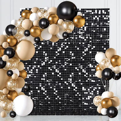 Fond de mur scintillant noir, toile de fond carrée à paillettes pour anniversaire, mariage, fiançailles, décoration de fond pour Halloween (24 panneaux)