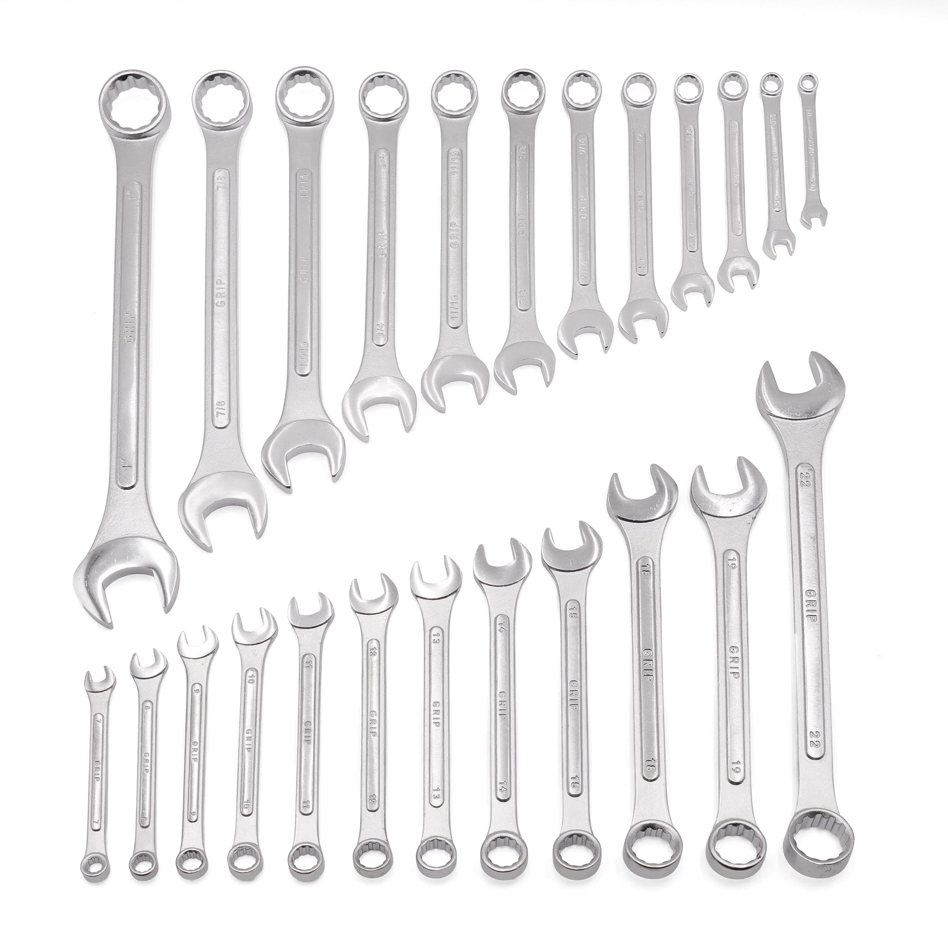 Grip 24 pc All-Purpose Master Combination Wrench Set MM/SAE - Metric 7mm to 22mm - SAE 1/4” to 1" - Roll-up Pouch - General Household, Garage, Auto Repairs, Cars, Trucks, Boat - Available at All In One Marketplace Canada
