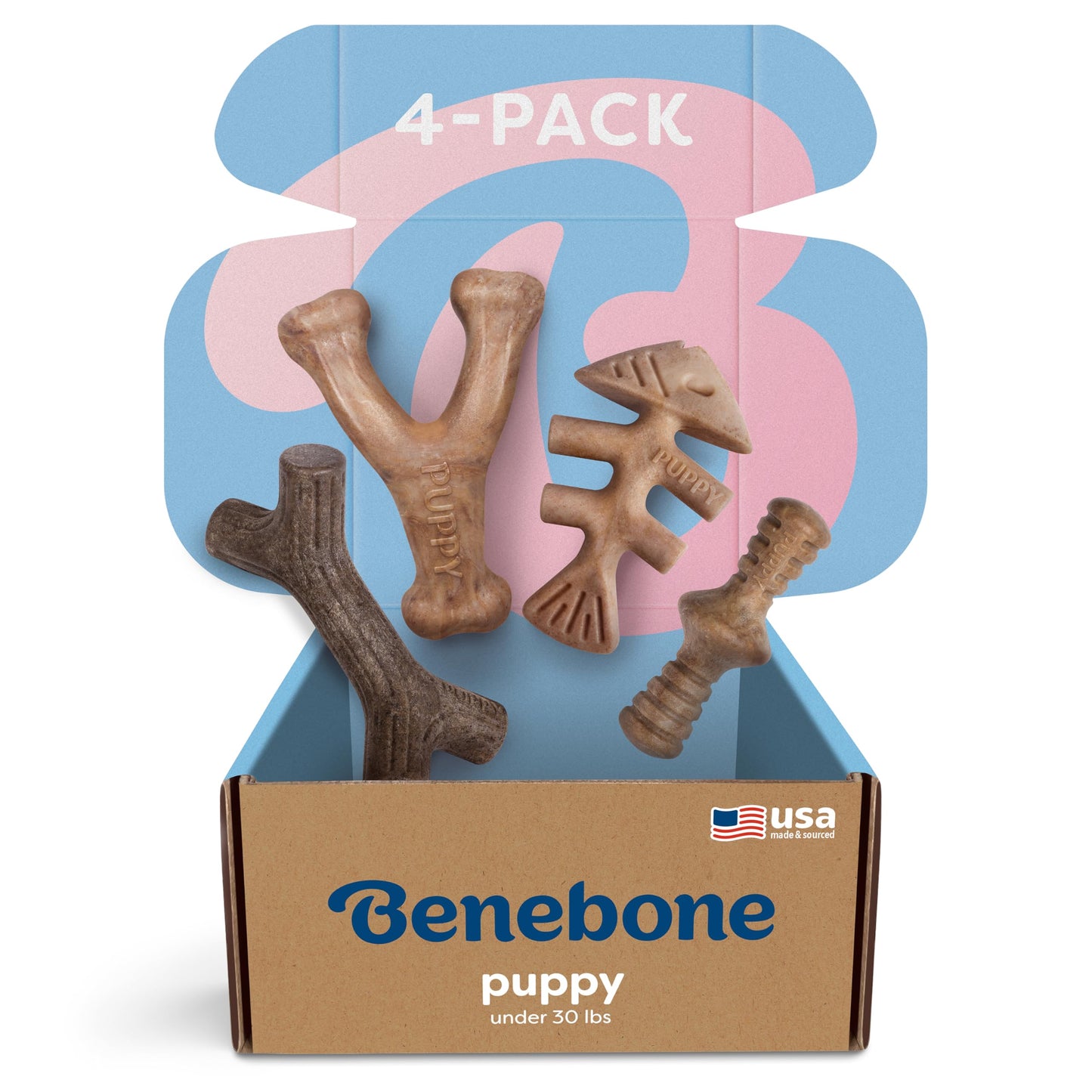 Benebone Puppy 4-Pack Dog Chew Toys for Gentle Chewers, Dog Bones, Small