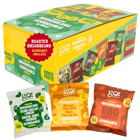 GoBeanz Variety Box – Roasted Broad Bean Snack Mix with 6 Flavors | 24 Single-Serve Packs | High-Protein, Low-Sodium