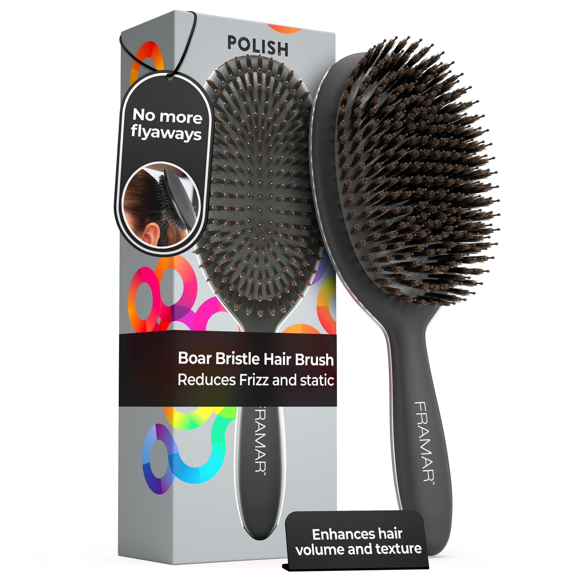 FRAMAR Black Boar Bristle Hair Brush - Natural Bristle Brush For Fine Hair, Boar Brush For Slicking Back Hair, Hair Brush For Women, Slick Back Hair Brush, Brosse a Cheveux, Brosse Poil De Sanglier