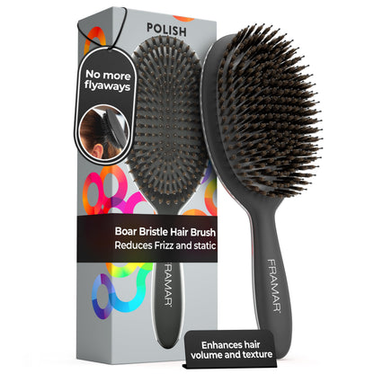 FRAMAR Black Boar Bristle Hair Brush - Natural Bristle Brush For Fine Hair, Boar Brush For Slicking Back Hair, Hair Brush For Women, Slick Back Hair Brush, Brosse a Cheveux, Brosse Poil De Sanglier