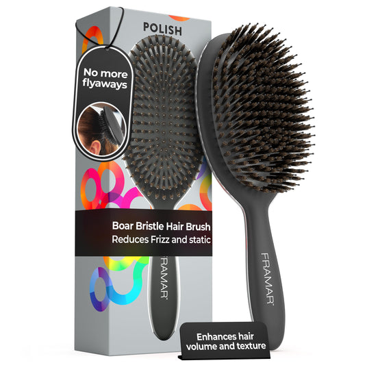 FRAMAR Black Boar Bristle Hair Brush - Natural Bristle Brush For Fine Hair, Boar Brush For Slicking Back Hair, Hair Brush For Women, Slick Back Hair Brush, Brosse a Cheveux, Brosse Poil De Sanglier