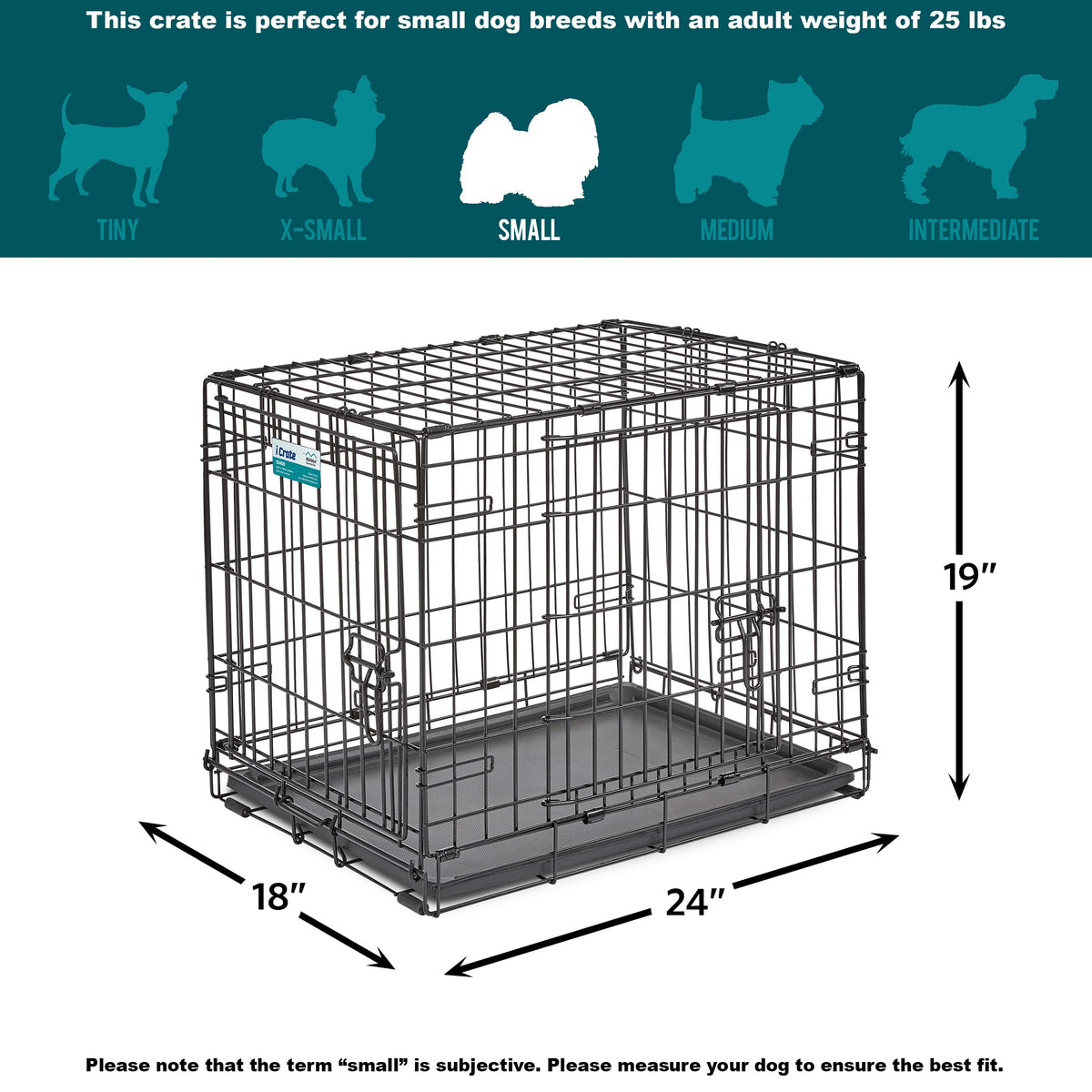 MidWest Homes for Pets 24-Inch iCrate for Small Breeds, 12-20 lbs, Double Door Folding Dog Crate with Divider Panel, Leak-Proof Tray & Secure Latches, Portable, Durable & Easy to Assemble
