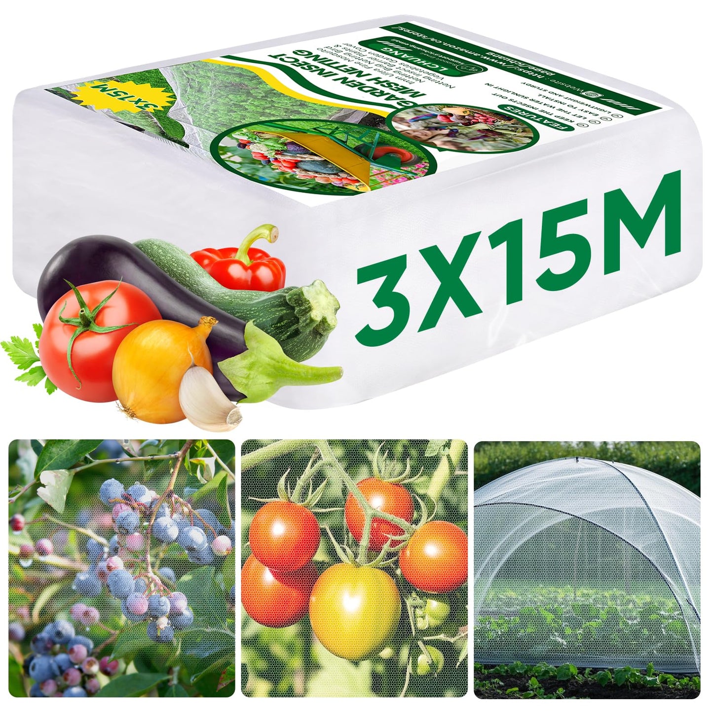 Ultra Fine Insect Mesh Garden Netting 3M x 15M, Extra Large Insect & Bird Barrier Netting, Crop Protection Plants Netting for Vegetables, Fruit Trees, Greenhouse, Customizable Plant Cover Protection - Available at All In One Marketplace Canada