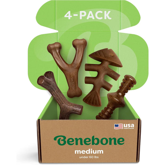 Benebone 4-Pack Durable Dog Chew Toys for Aggressive Chewers, Real Flavors, Made in USA, Medium