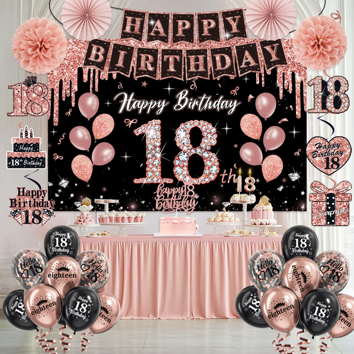 50Pcs 18th Birthday Decorations for Her, Rose Gold&Black Pre-Assembled Set. 🍁 All In One Marketplace Canada