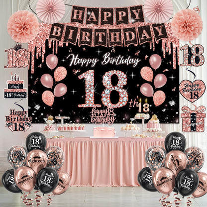 50Pcs 18th Birthday Decorations for Her, Rose Gold&Black Pre-Assembled Set. 🍁 All In One Marketplace Canada