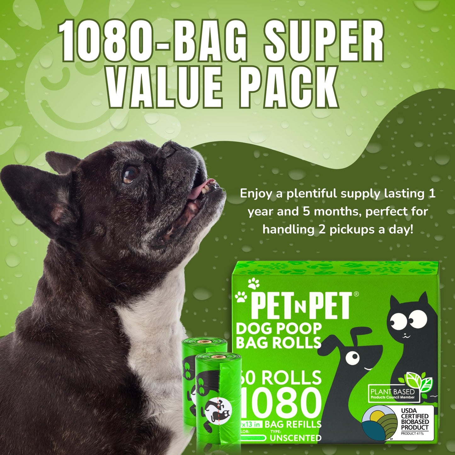 Pet N Pet Dog Poop Bags - USDA Certified 41% Plant-Based Doggy Poop Bags - Leak-Proof Sac Caca Chien Refill Rolls (1080 Count, Unscented, Green)