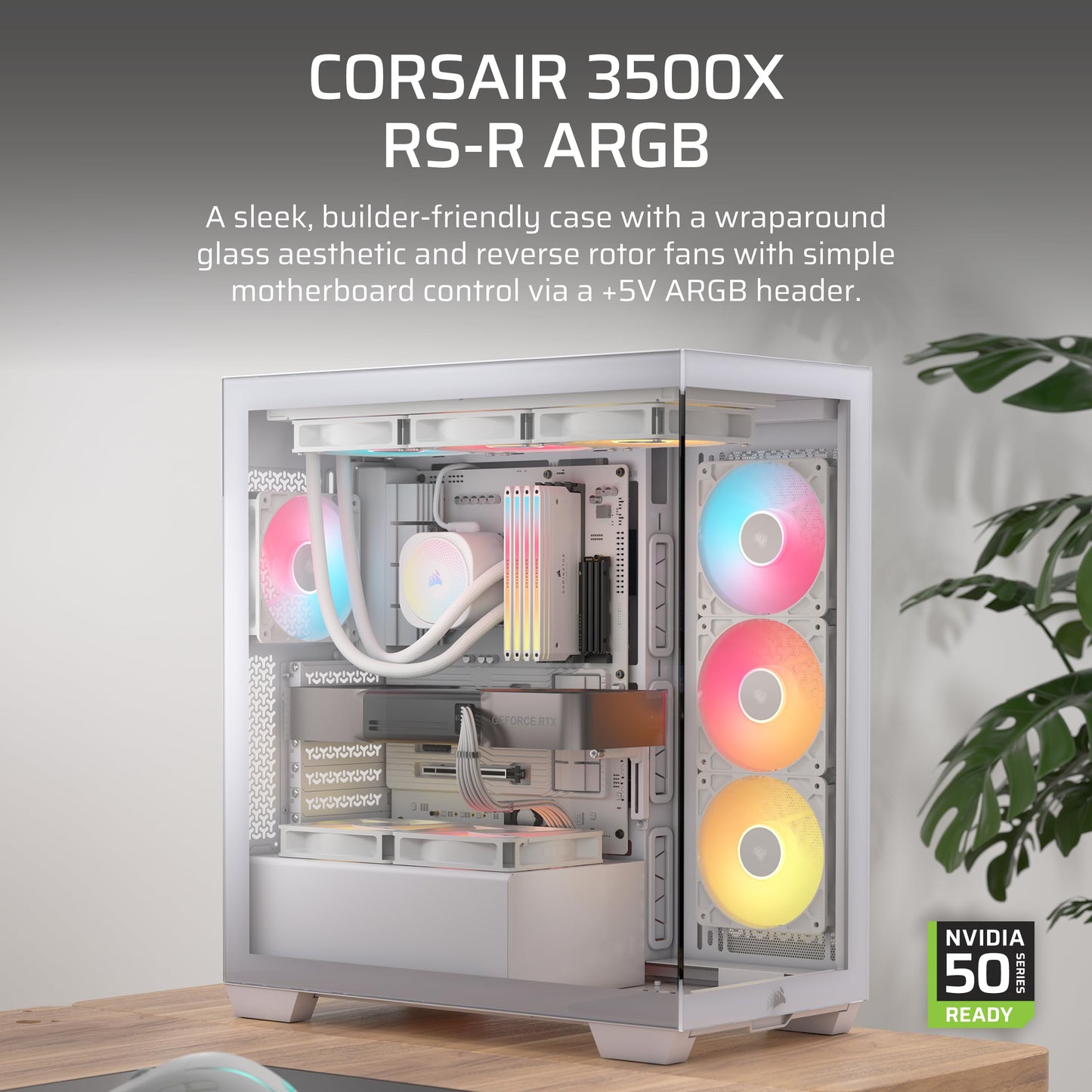 CORSAIR 3500X RS-R ARGB Mid-Tower PC Case – 3X Pre-Installed RS120-R ARGB Fans, GPU Anti-Sag Arm, Fits up to 10x 120mm Fans, Reverse Connection Motherboard Compatible – White Corsair