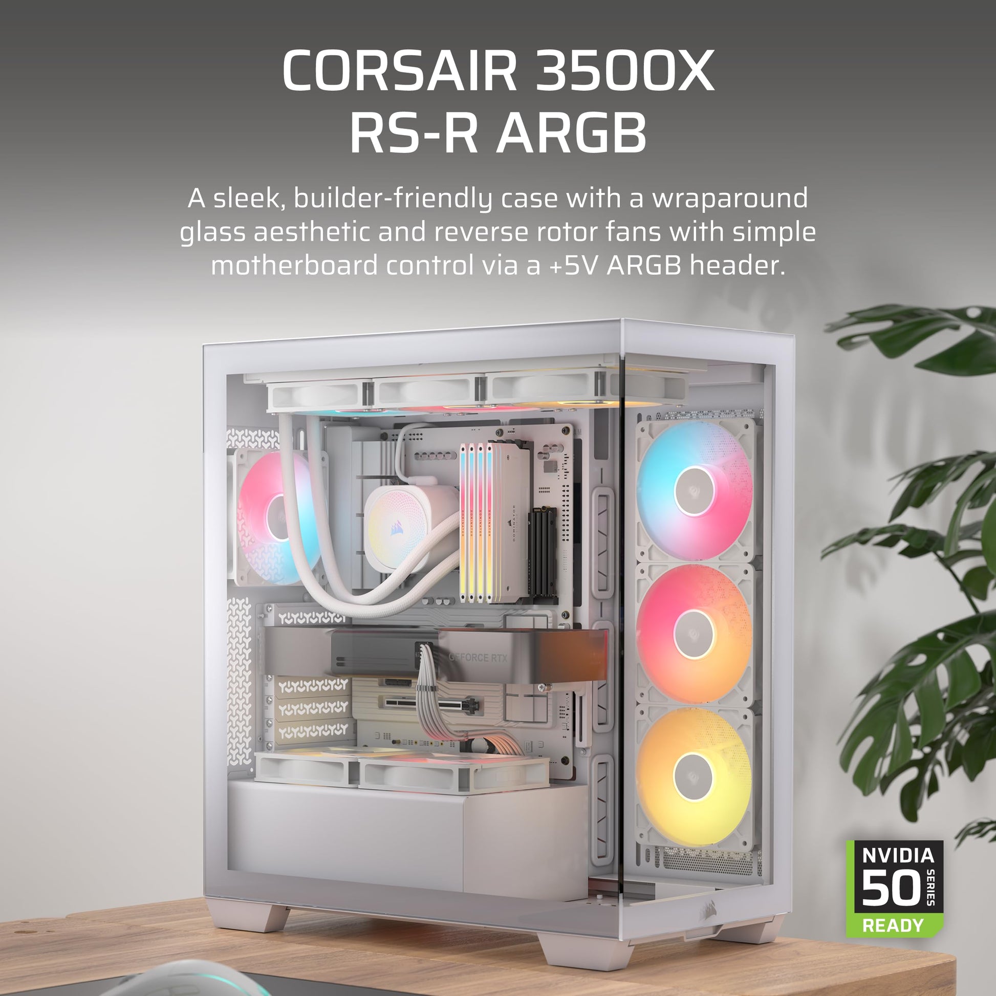 CORSAIR 3500X RS-R ARGB Mid-Tower PC Case – 3X Pre-Installed RS120-R ARGB Fans, GPU Anti-Sag Arm, Fits up to 10x 120mm Fans, Reverse Connection Motherboard Compatible – White Corsair