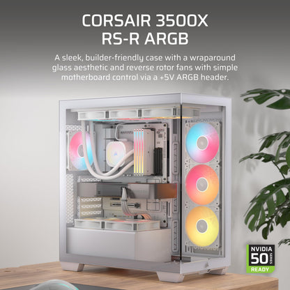 CORSAIR 3500X RS-R ARGB Mid-Tower PC Case – 3X Pre-Installed RS120-R ARGB Fans, GPU Anti-Sag Arm, Fits up to 10x 120mm Fans, Reverse Connection Motherboard Compatible – White Corsair