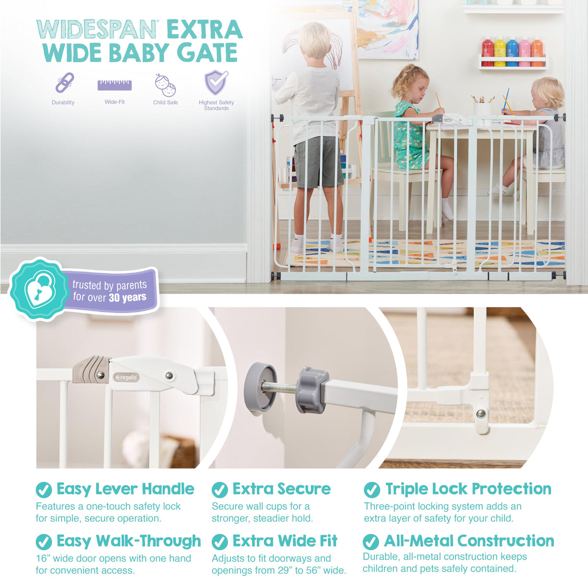 Regalo 56-Inch Extra WideSpan Walk Through Baby Gate, Bonus Kit, Includes 4-Inch, 8-Inch and 12-Inch Extension