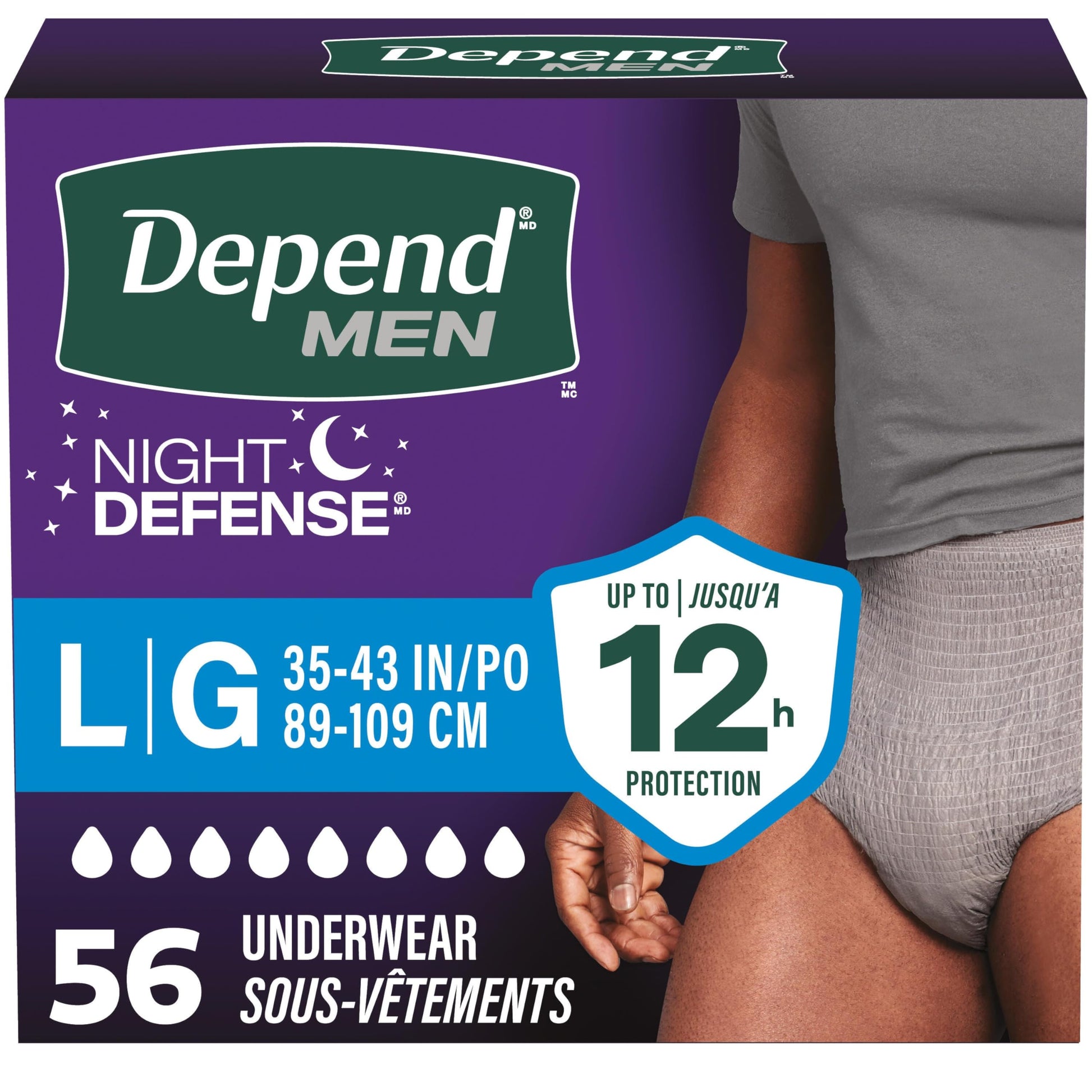 Depend Night Defense Adult Incontinence Underwear for Men, Disposable, Overnight, Large, Grey, 56 Count Depend