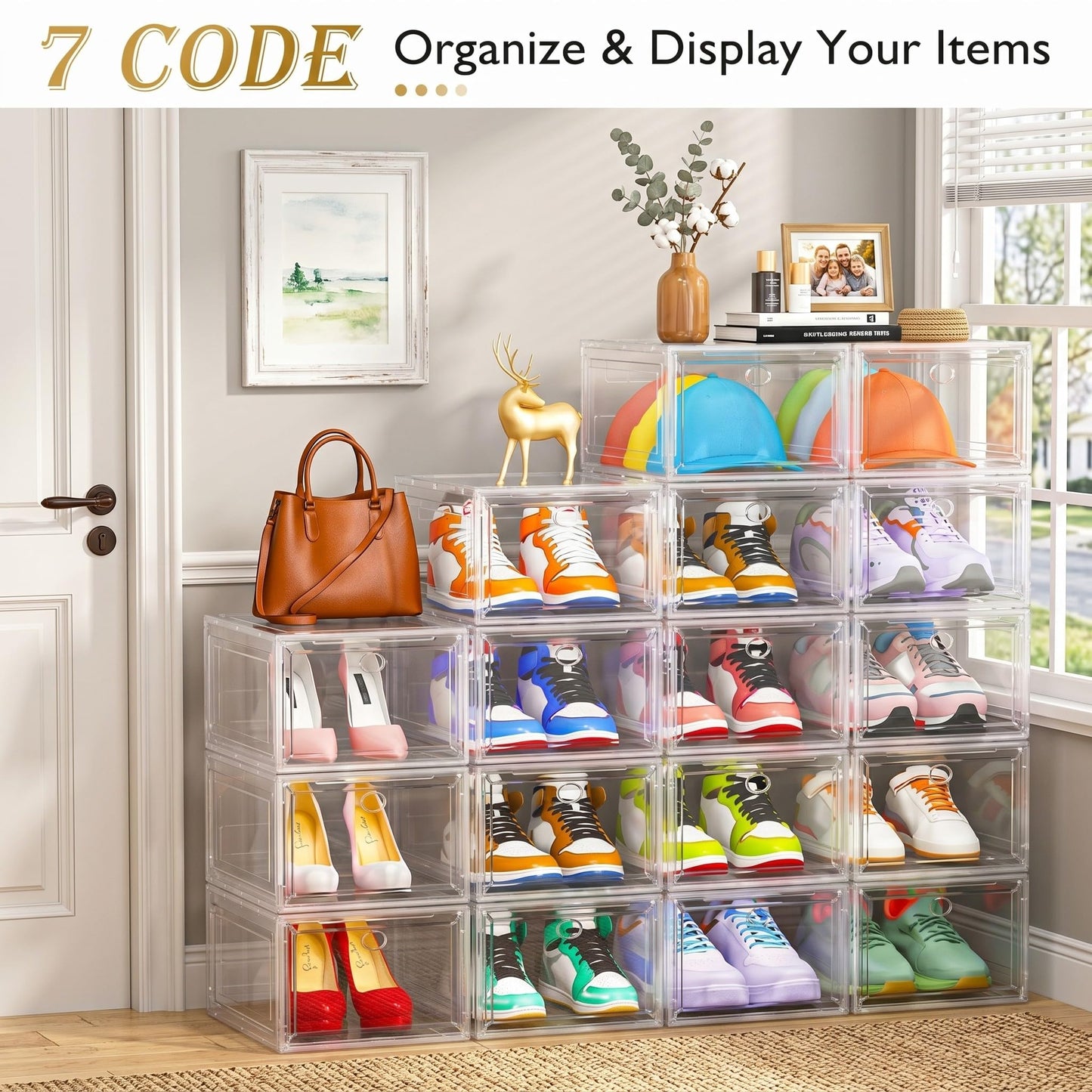 Thicken & Sturdy Clear Shoe Storage Organizer with Magnetic Door, Stackable Boxes for Closet, Foldable Space-Saving Shoe Rack for Sneaker Boot Container, Plastic Shoe Cabinet Shoe Box 6 Pack, White