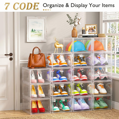 Thicken & Sturdy Clear Shoe Storage Organizer with Magnetic Door, Stackable Boxes for Closet, Foldable Space-Saving Shoe Rack for Sneaker Boot Container, Plastic Shoe Cabinet Shoe Box 6 Pack, White