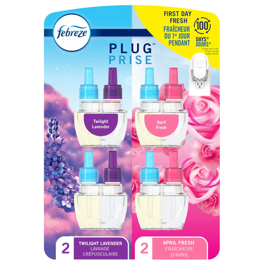 Febreze Plug In Air Freshener, Odor-Fighting Scented Oil Refill for Home and Bathroom and Kitchen, Long Lasting for Strong Odors, Twlight Lavender and Downy April Fresh Scents, 4 Refills - Available at All In One Marketplace Canada