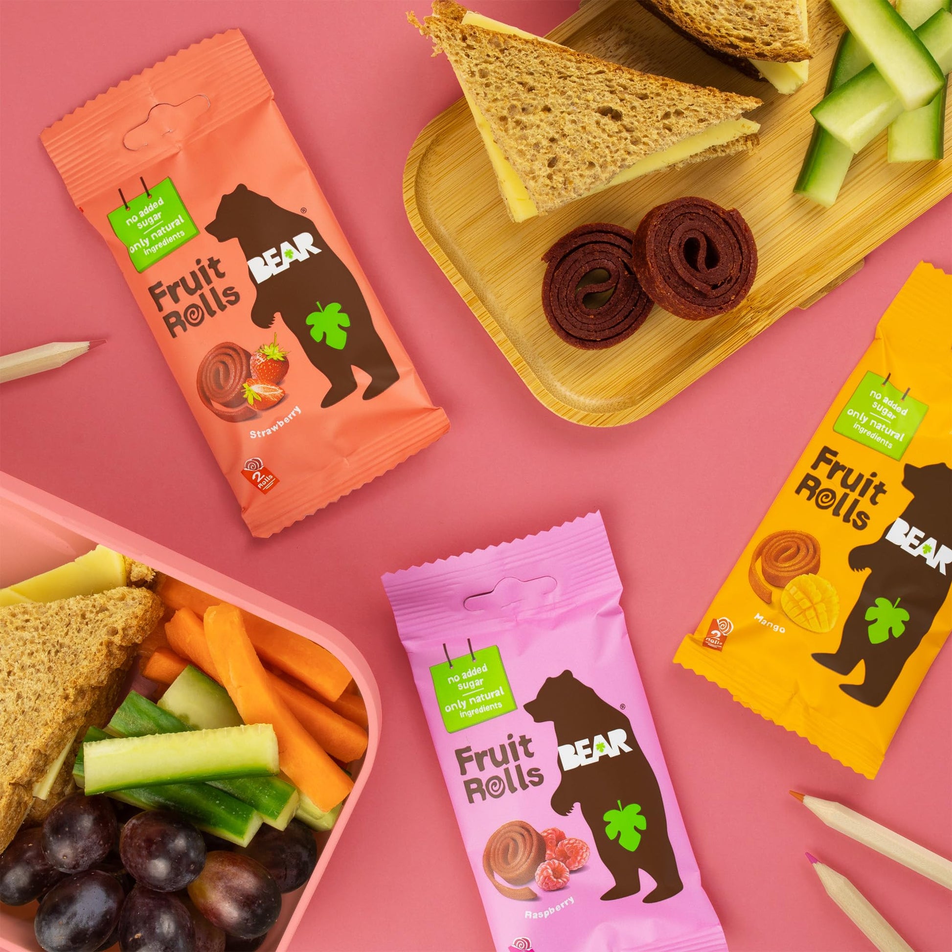 BEAR Fruit Rolls Variety Pack - Strawberry, Mango & Raspberry - Real Fruit Snacks - 100% Natural, No Added Sugar, Gluten Free, Vegan - 24 Count