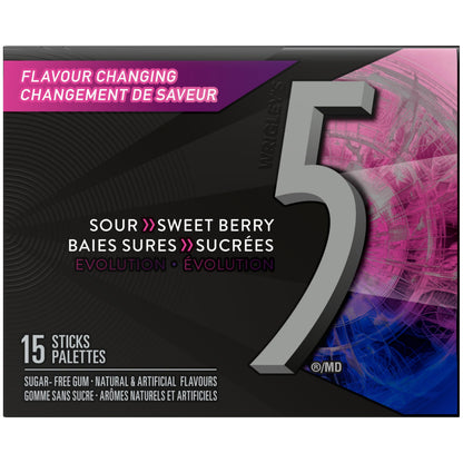 5 GUM Evolution Sour to Sweet Berry Flavour Changing Sugar-Free Chewing Gum, Fresh Breath Gum for On-the-Go & Sharing, 15-Sticks, 10 Packs