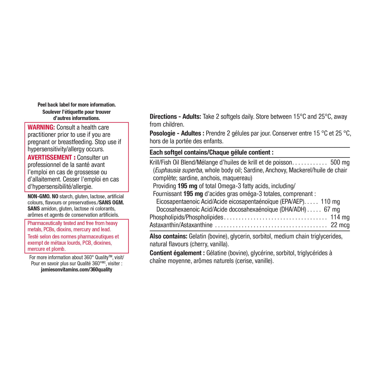 Jamieson Omega Krill Plus 500 mg Softgels, No Fishy Aftertaste, with EPA, DHA, Phospholipids, and Astaxanthin. Supports Hearth Health and Brain Health, Non-GMO, Gluten-Free, 60 Count, Proudly Canadian