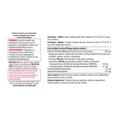 Jamieson Omega Krill Plus 500 mg Softgels, No Fishy Aftertaste, with EPA, DHA, Phospholipids, and Astaxanthin. Supports Hearth Health and Brain Health, Non-GMO, Gluten-Free, 60 Count, Proudly Canadian