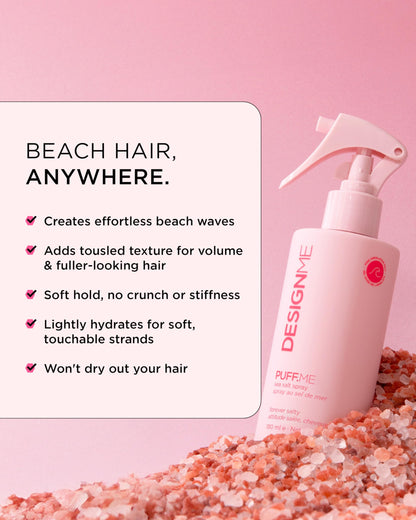 DESIGNME PUFF.ME Sea Salt Spray | Sea Salt Texture Spray for Beach Waves, Volume & Tousled Texture | Soft Hold, Lightweight Hydration & Non-Drying Sea Salt Hair Spray for Women - Available at All In One Marketplace Canada