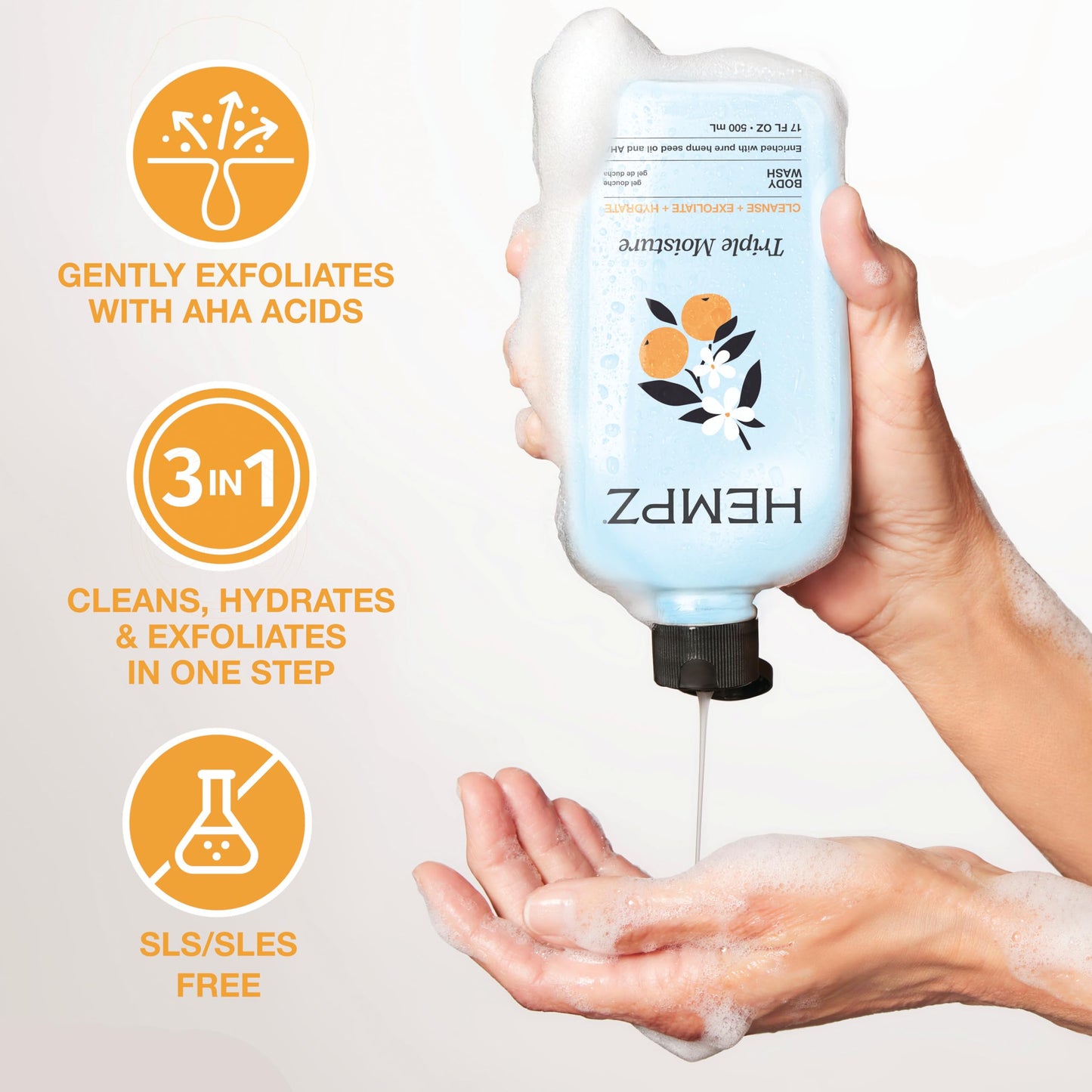 Hempz Triple Moisture Body Wash - Grapefruit & Peach - Hydrating for Sensitive Skin, Scented, Exfoliating with Shea Butter, Pure Hemp Seed Oil, and Algae for Sensitive Skin - 17 fl oz HEMPZ