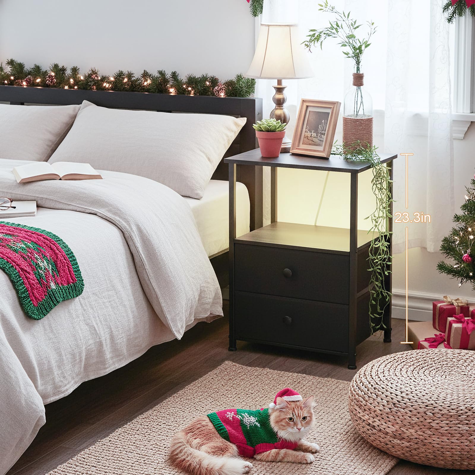 LOAKEKEL Night Stands Set 2, Bedside Table with Charging Station and LED Light, Nightstand with 2 AC Outlets and USB Ports, End Table with 2 Fabric Drawers for Bedroom, Living Room, Black, HETS02BK - Available at All In One Marketplace Canada