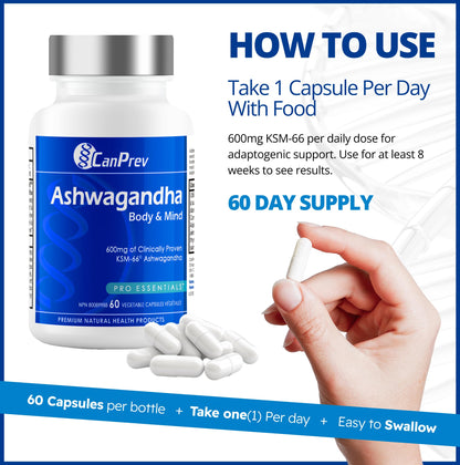 CanPrev Ashwagandha 600mg Vegan 60 Capsules 60-Day Supply - Vegan & Non-GMO - Organic KSM-66 Formula for Enhanced Relaxation & Energy, Sleep Support, Memory Boost - Supplement for Weight Management - Available at All In One Marketplace Canada
