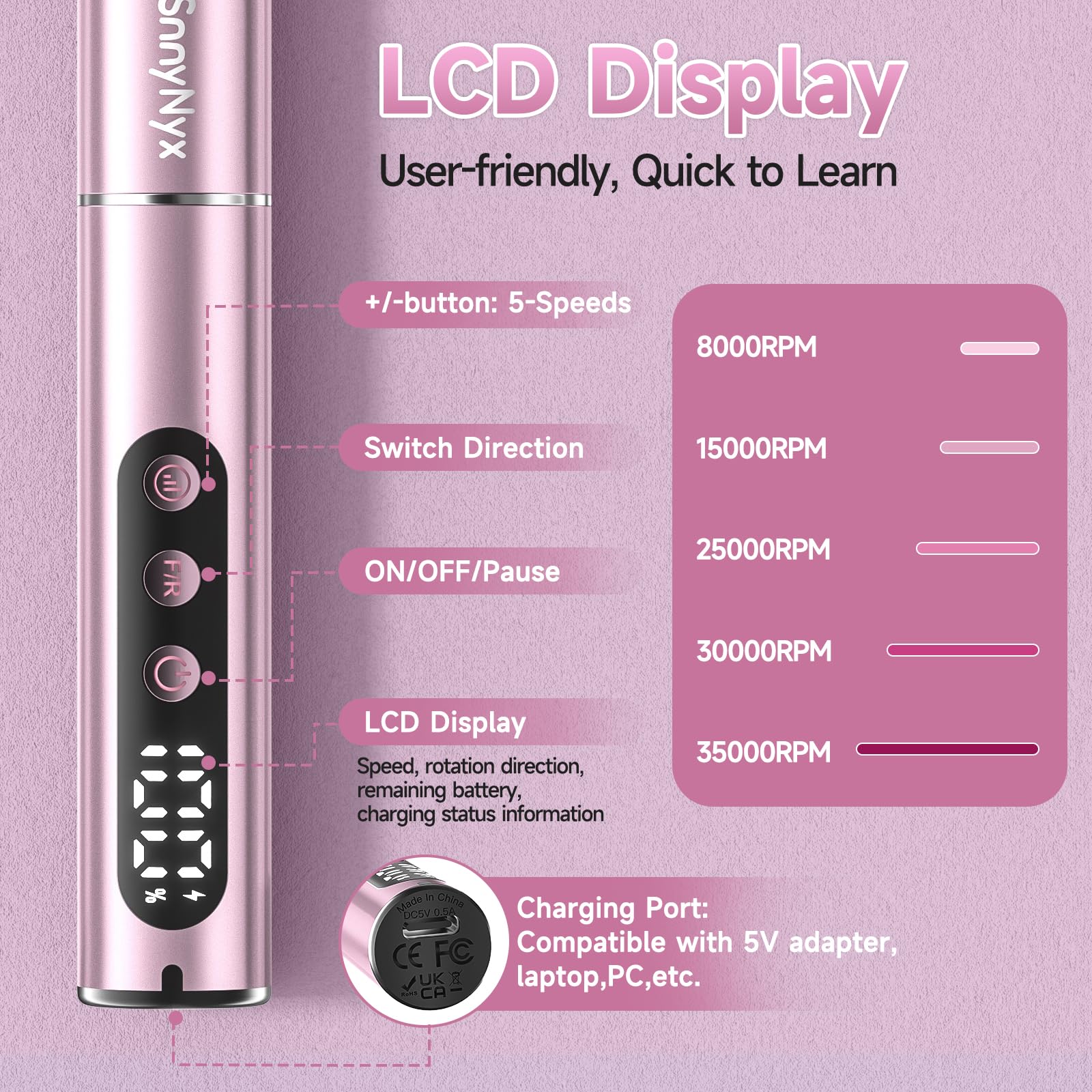 SnnyNyx Cordless Electric Nail Drill 35000 RPM, Professional Nail File Kit with LCD Display, 12 Bits & 36 Sanding Bands, Rechargeable Manicure Pedicure Kit for Acrylic Gel Nails, Salon & Home Use(Rose Gold) - Available at All In One Marketplace Canada