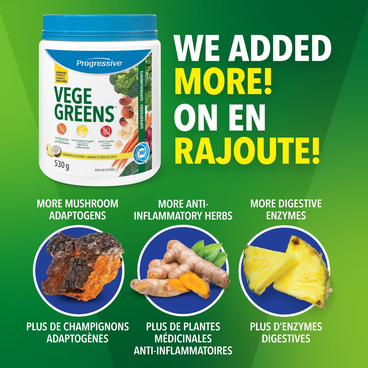 Progressive VegeGreens Pineapple Coconut, Vegan Canadian-Made Superfoods + Daily Greens with 23 Whole Foods, Adaptogens, Anti-Inflammatory, Antioxidants & Digestive Support for Energy and Immunity, 530 g Progressive Health