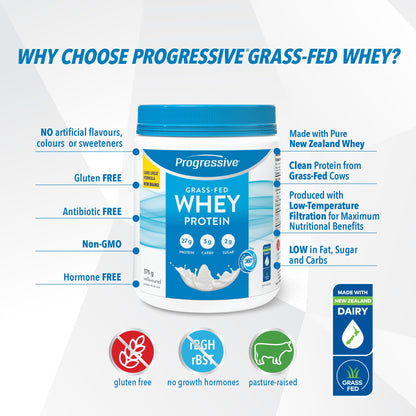 Progressive Grass-Fed 100% Whey Protein Powder Unflavoured, 27g of New Zealand Whey Concentrate per Scoop for Muscle Gain, Pasture-Raised, Non-GMO, Canadian-Made Antibiotic-free, Hormone-free, 375 g