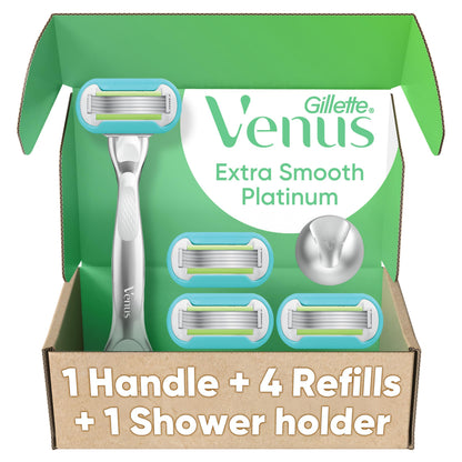 Gillette Venus Razor Blades for Women, Platinum Extra Smooth Razors, 5-Blade Cartridges, 1 Handle + 4 Refills + Shower Holder - Available at All In One Marketplace Canada