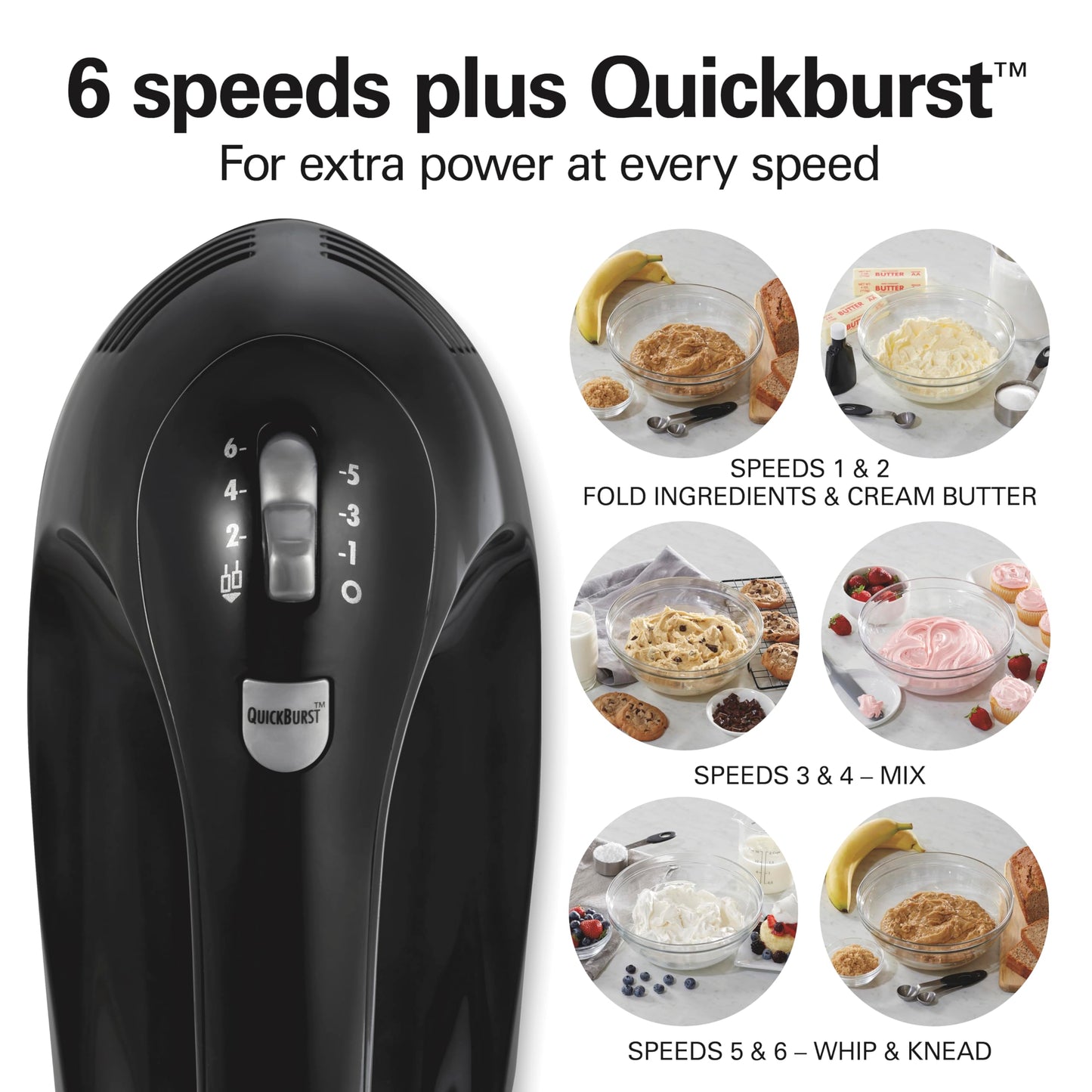 Hamilton Beach 6-Speed Electric Hand Mixer for Baking, 275W, Easy Clean Beaters, Dough Hooks, Whisk, Snap-On Storage Case, Black (62639C) Hamilton Beach