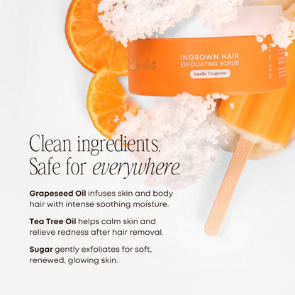 Bushbalm Ingrown Hair Exfoliating Scrub – Pre-Shave Sugar Scrub for Ingrown Hairs, Razor Bumps & Dry Skin – Gently Buffs & Soothes Sensitive Skin - Vanilla Tangerine 236 ml - Formerly Sweet Escape - Available at All In One Marketplace Canada